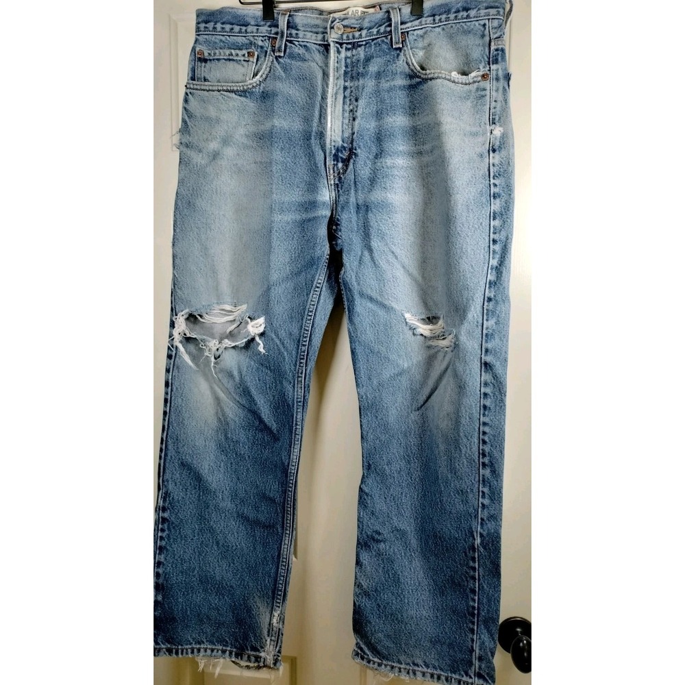 Levis 505 Mens 38x28.5 Regular Fit Jeans Distressed Ripped Thrashed Workwear